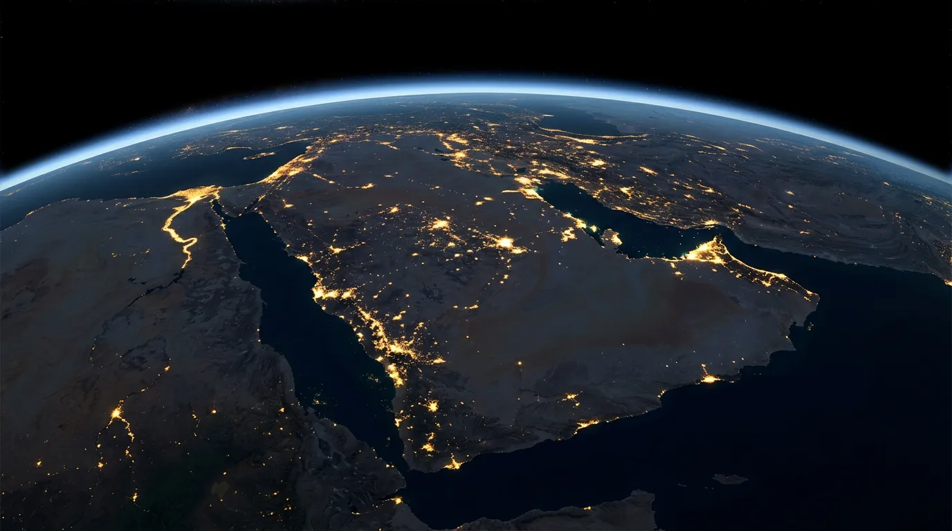 الكرة الأرضية ليلًا وتظهر فيها المملكة العربية السعودية مضاءة